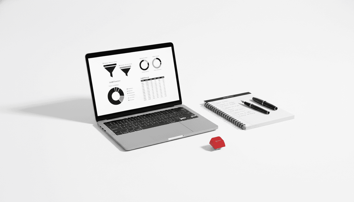 Clean desk with marketing analytics dashboard showing lead sources and pipeline data