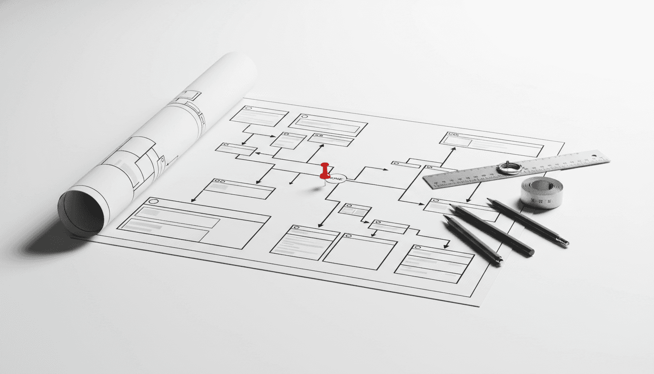 Architectural blueprint showing complex website sitemap with interconnected pages
