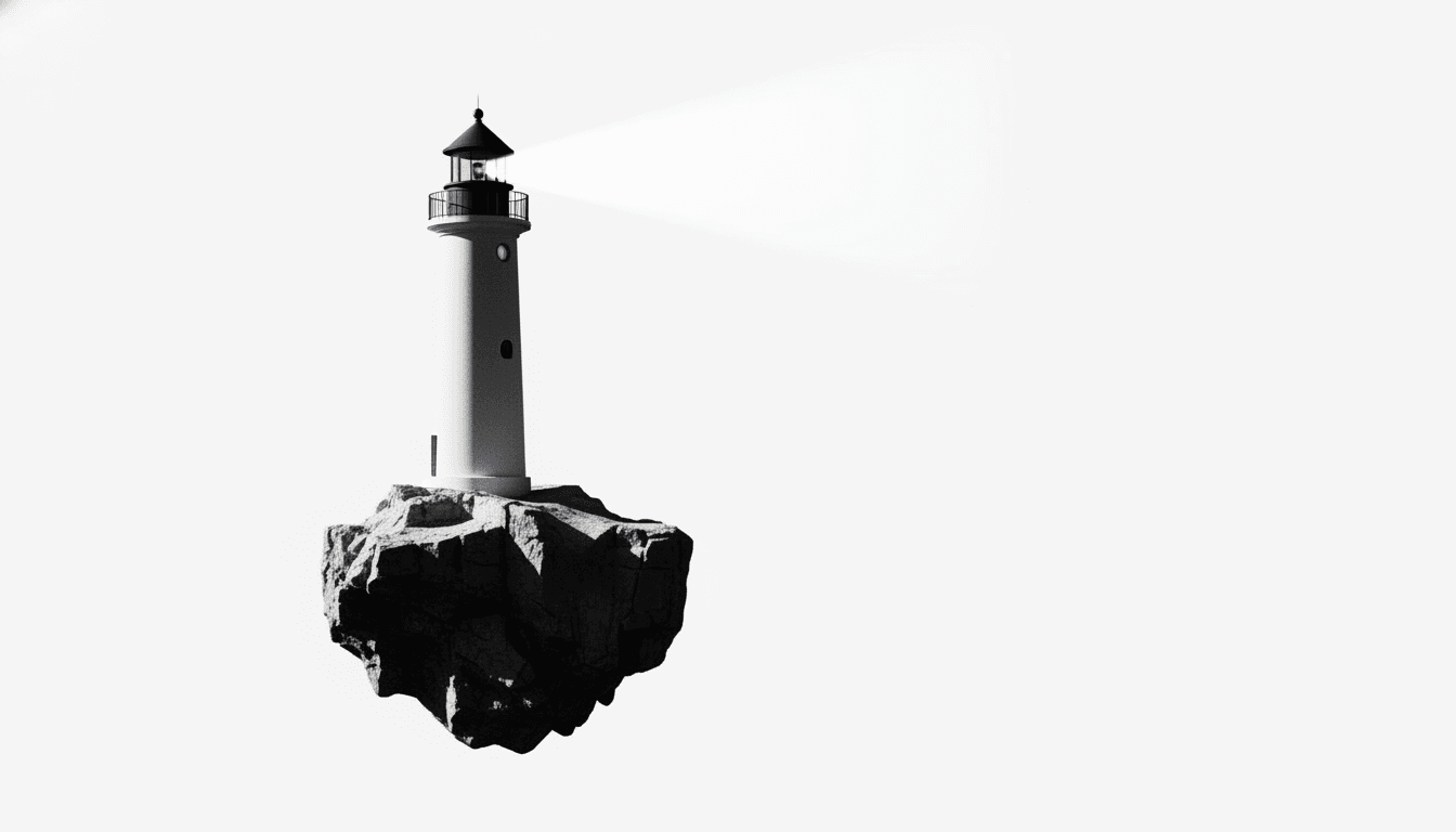 Lighthouse standing on rocky shore with dramatic light beam, black and white