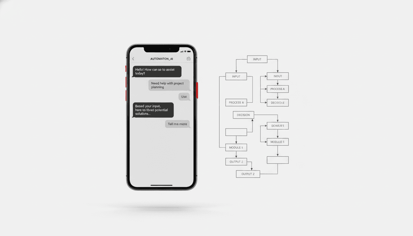 Smartphone showing automated chat conversation with Make flowchart