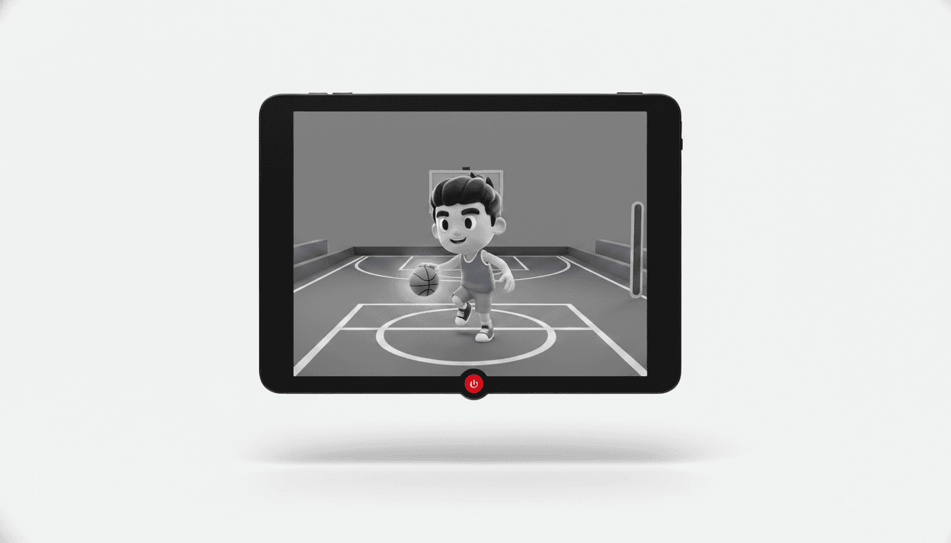 Tablet showing basketball video game interface with cartoon player character in black and white